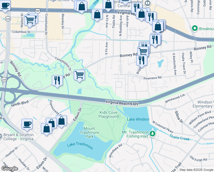 map of restaurants, bars, coffee shops, grocery stores, and more near 196 South Fir Avenue in Virginia Beach