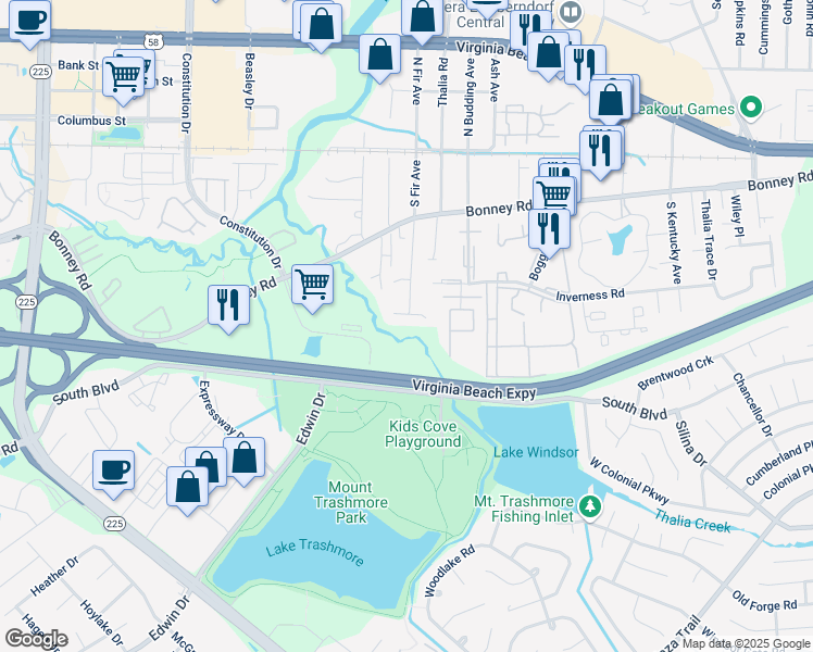 map of restaurants, bars, coffee shops, grocery stores, and more near 196 South Fir Avenue in Virginia Beach