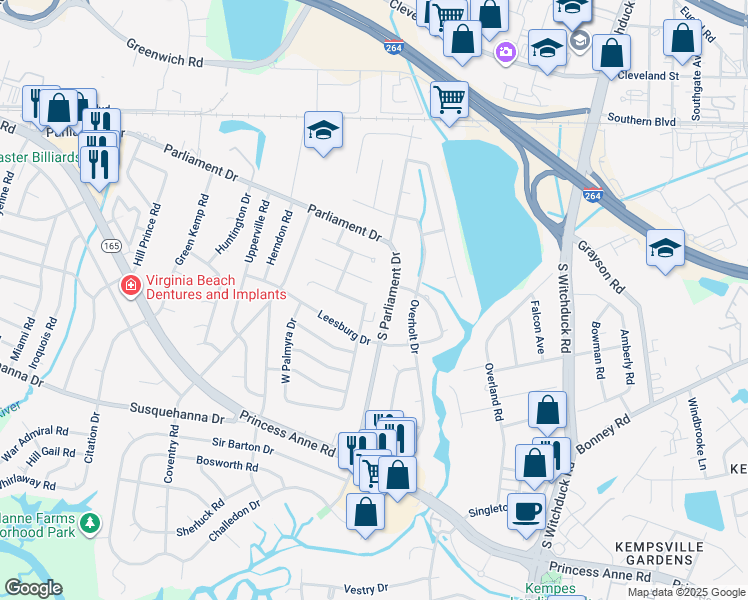 map of restaurants, bars, coffee shops, grocery stores, and more near 231 North Palmyra Drive in Virginia Beach