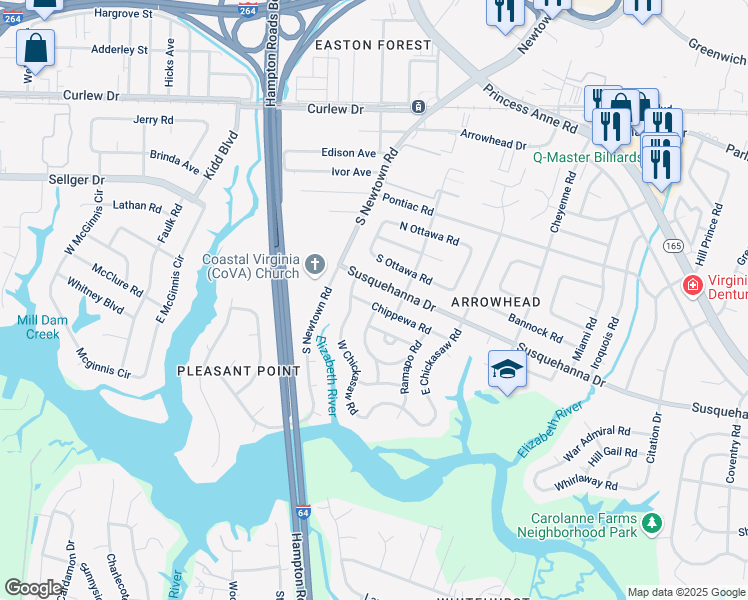map of restaurants, bars, coffee shops, grocery stores, and more near 5813 Chippewa Road in Virginia Beach