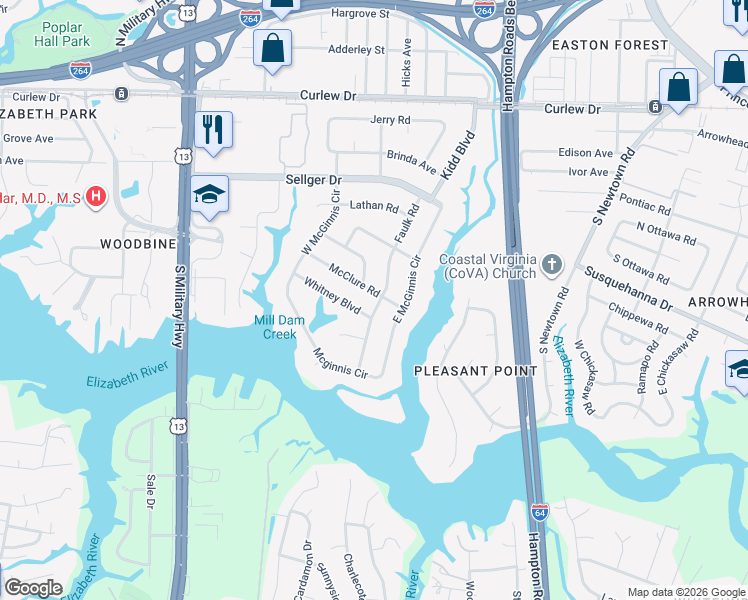 map of restaurants, bars, coffee shops, grocery stores, and more near 5944 Whitney Boulevard in Norfolk