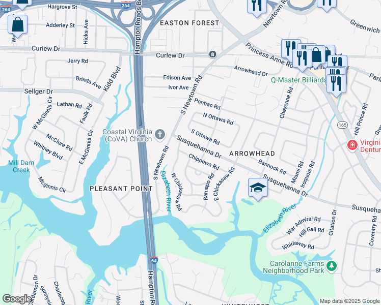 map of restaurants, bars, coffee shops, grocery stores, and more near 5813 Chippewa Road in Virginia Beach