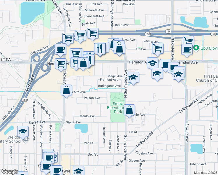 map of restaurants, bars, coffee shops, grocery stores, and more near 1214 Burlingame Avenue in Clovis