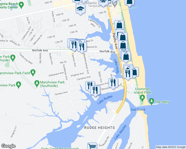 map of restaurants, bars, coffee shops, grocery stores, and more near 521 Carolina Avenue in Virginia Beach