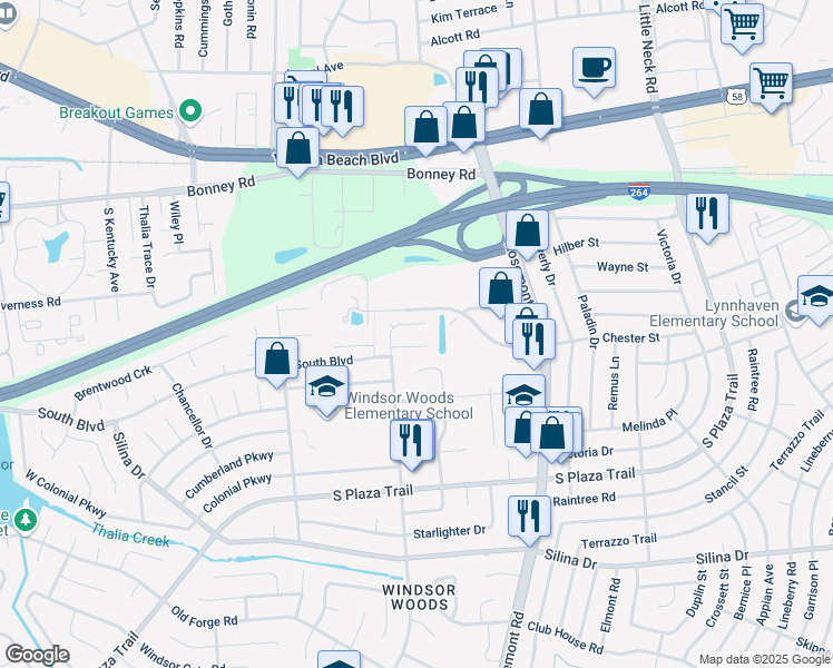 map of restaurants, bars, coffee shops, grocery stores, and more near 3700 Bentley Gate Way in Virginia Beach