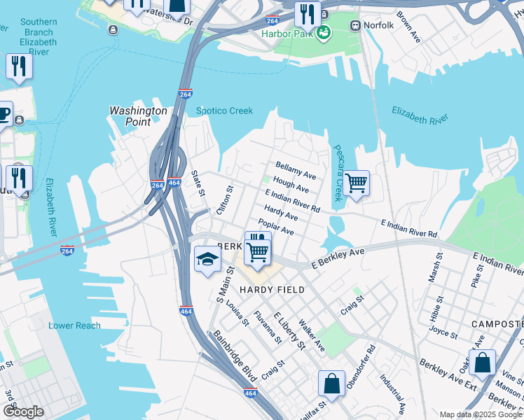 map of restaurants, bars, coffee shops, grocery stores, and more near 111 Hardy Avenue in Norfolk