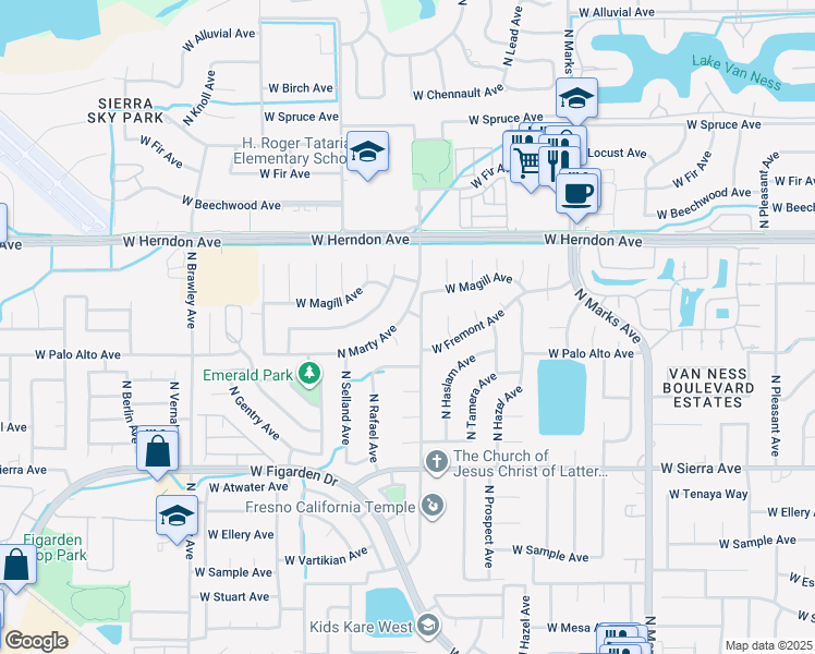 map of restaurants, bars, coffee shops, grocery stores, and more near 6626 North Marty Avenue in Fresno