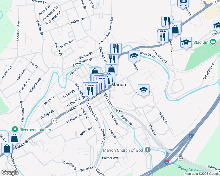 map of restaurants, bars, coffee shops, grocery stores, and more near 107 Pendleton Street in Marion