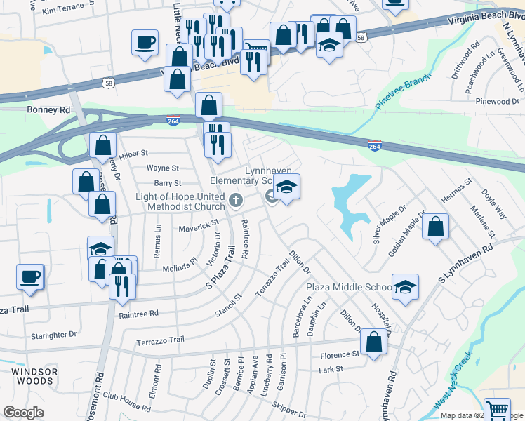 map of restaurants, bars, coffee shops, grocery stores, and more near 3301 Maverick Street in Virginia Beach