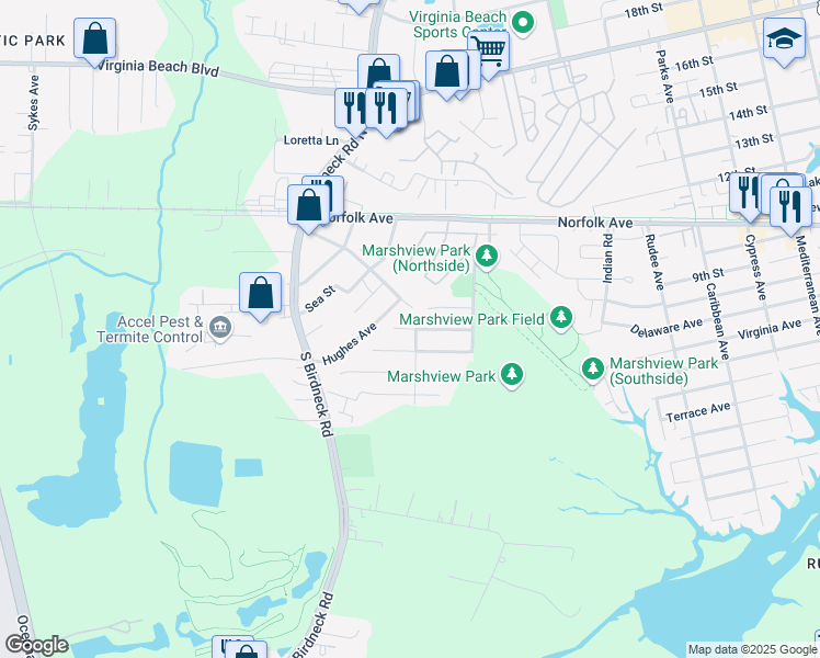 map of restaurants, bars, coffee shops, grocery stores, and more near 1402 Brant Road in Virginia Beach