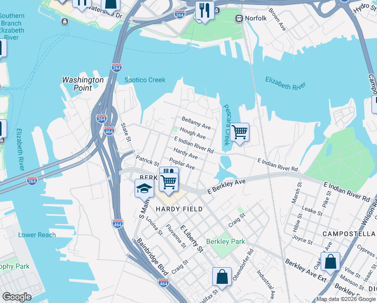 map of restaurants, bars, coffee shops, grocery stores, and more near 134 Poplar Avenue in Norfolk