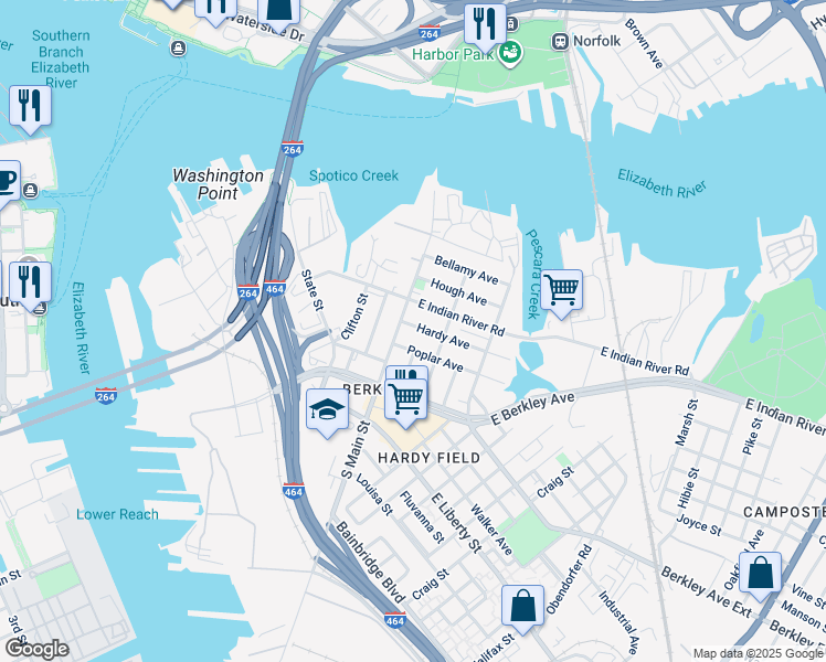 map of restaurants, bars, coffee shops, grocery stores, and more near 111 Hardy Avenue in Norfolk