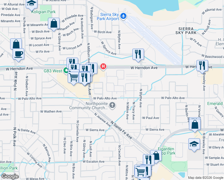 map of restaurants, bars, coffee shops, grocery stores, and more near 4502 West Palo Alto Avenue in Fresno