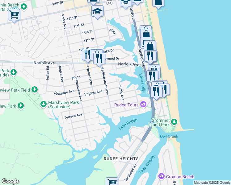 map of restaurants, bars, coffee shops, grocery stores, and more near 530 Carolina Avenue in Virginia Beach