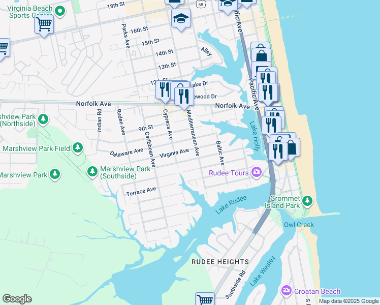map of restaurants, bars, coffee shops, grocery stores, and more near 610 Virginia Avenue in Virginia Beach