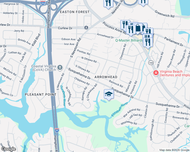 map of restaurants, bars, coffee shops, grocery stores, and more near 5728 Susquehanna Drive in Virginia Beach
