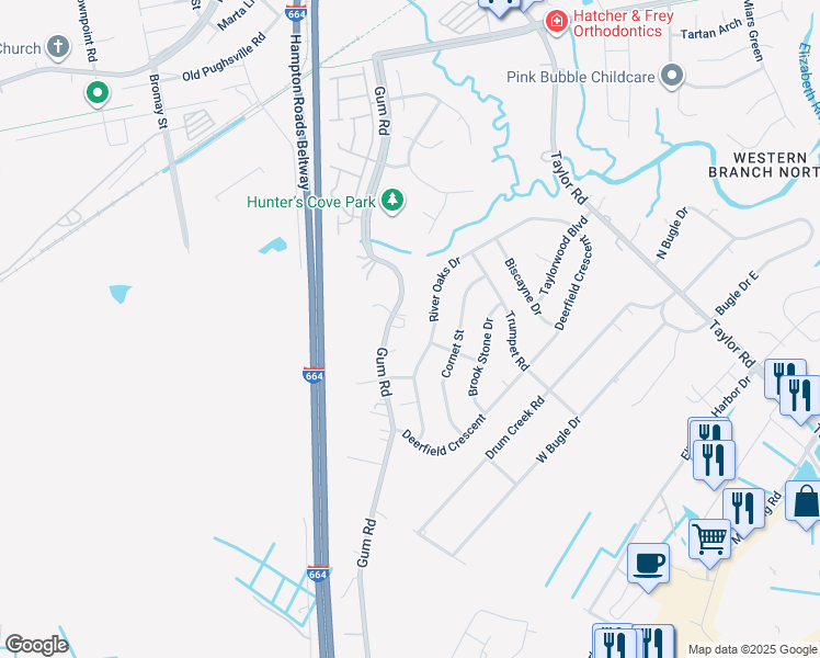 map of restaurants, bars, coffee shops, grocery stores, and more near 2733 Gum Road in Chesapeake
