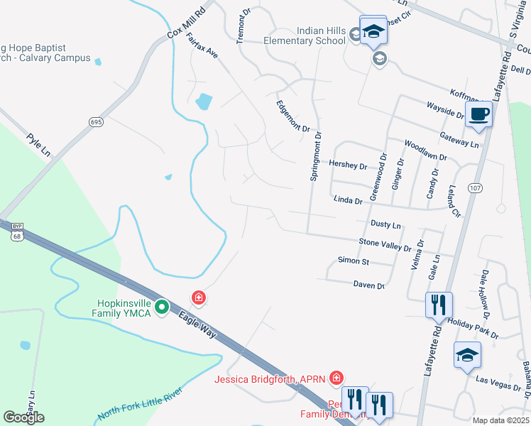 map of restaurants, bars, coffee shops, grocery stores, and more near 4001 Huntington Court in Hopkinsville