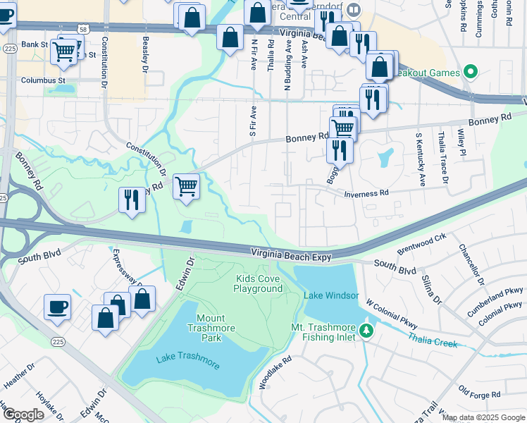 map of restaurants, bars, coffee shops, grocery stores, and more near 196 South Fir Avenue in Virginia Beach