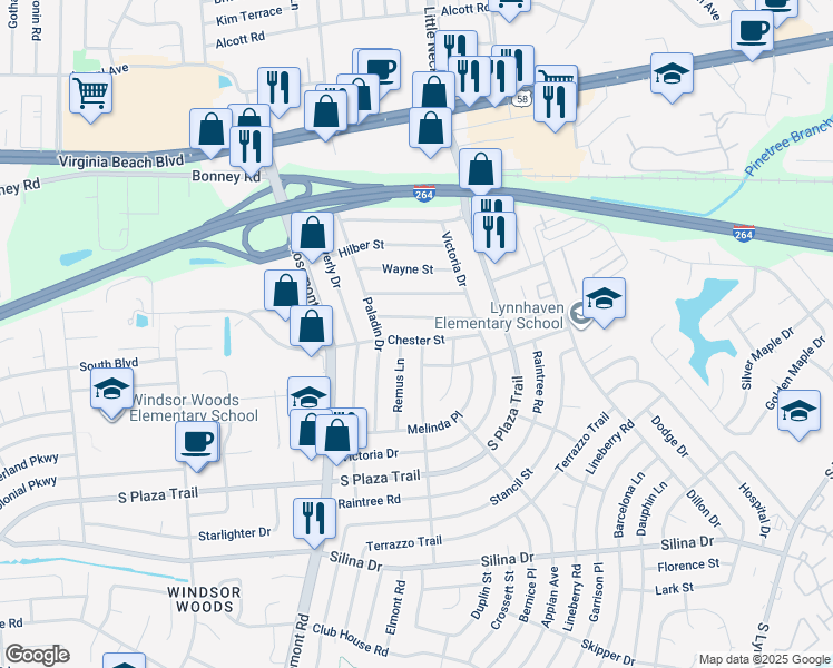 map of restaurants, bars, coffee shops, grocery stores, and more near 3528 Chester Street in Virginia Beach