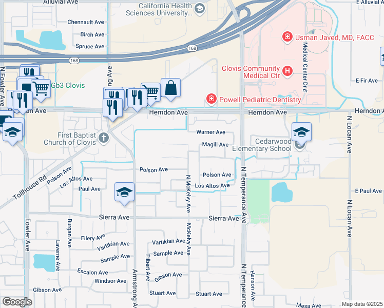map of restaurants, bars, coffee shops, grocery stores, and more near 2398 Palo Alto Avenue in Clovis