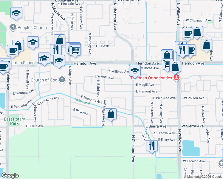 map of restaurants, bars, coffee shops, grocery stores, and more near 2801 East Fremont Avenue in Fresno