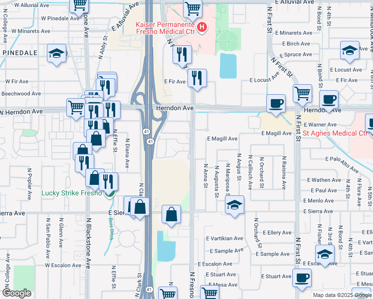 map of restaurants, bars, coffee shops, grocery stores, and more near 80 West Los Altos Avenue in Fresno