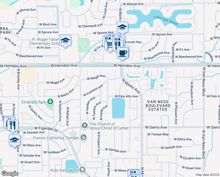 map of restaurants, bars, coffee shops, grocery stores, and more near 3179 West Los Altos Avenue in Fresno