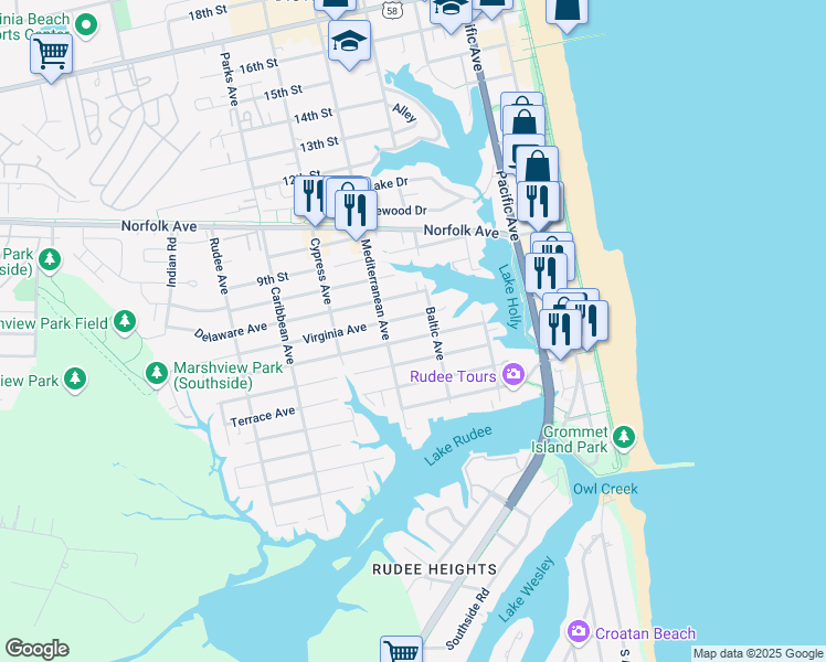 map of restaurants, bars, coffee shops, grocery stores, and more near 530 Carolina Avenue in Virginia Beach