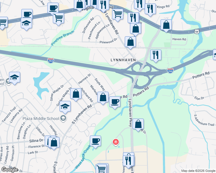 map of restaurants, bars, coffee shops, grocery stores, and more near 256 Doyle Way in Virginia Beach