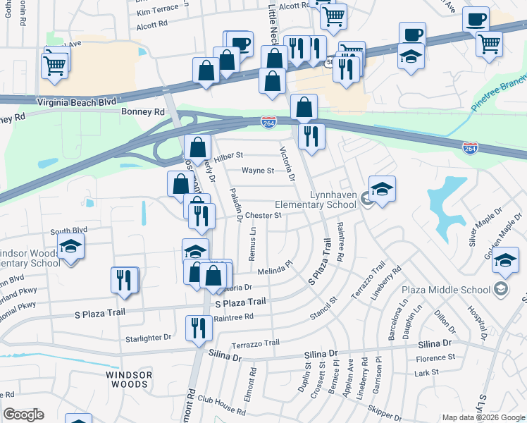 map of restaurants, bars, coffee shops, grocery stores, and more near 201 Cassady Avenue in Virginia Beach