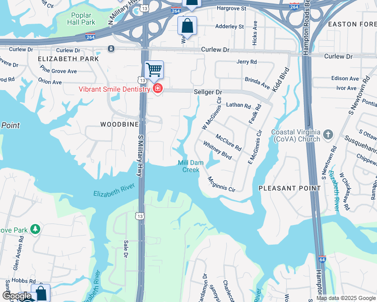map of restaurants, bars, coffee shops, grocery stores, and more near 327 West Mcginnis Circle in Norfolk