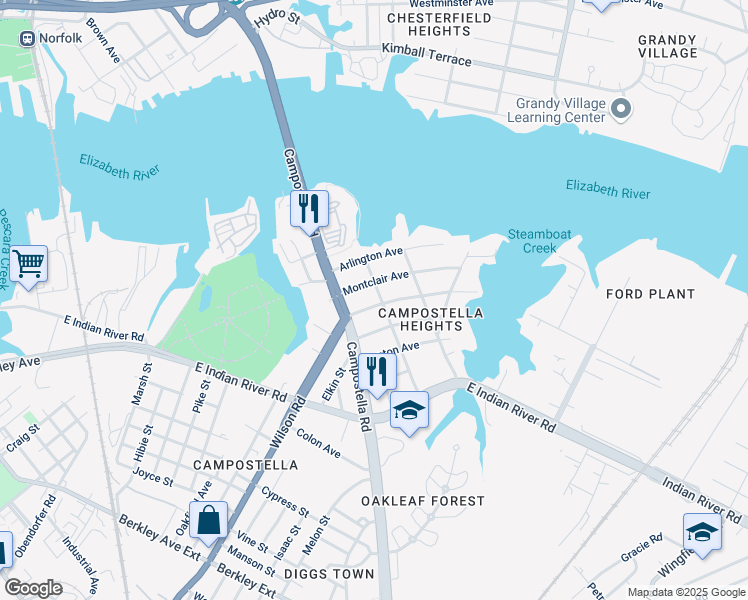 map of restaurants, bars, coffee shops, grocery stores, and more near 1715 Springfield Avenue in Norfolk