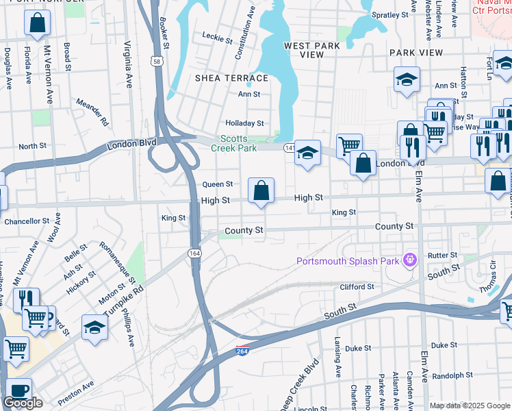 map of restaurants, bars, coffee shops, grocery stores, and more near 1907 King Street in Portsmouth