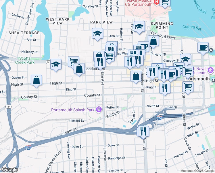 map of restaurants, bars, coffee shops, grocery stores, and more near 601 Elm Avenue in Portsmouth