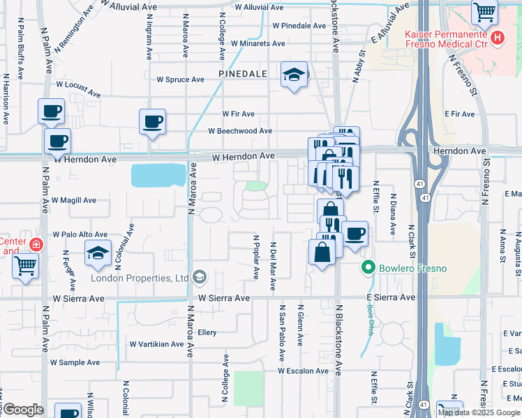 map of restaurants, bars, coffee shops, grocery stores, and more near 128 South Dakota in Fresno