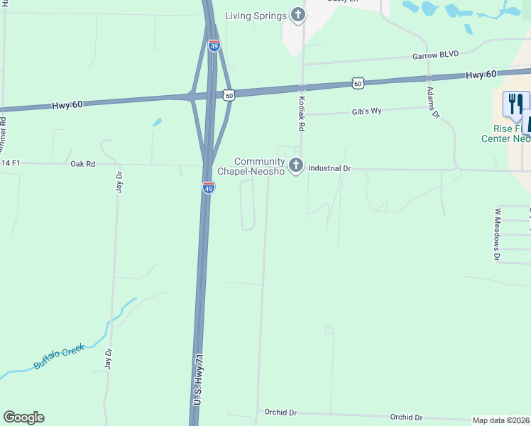 map of restaurants, bars, coffee shops, grocery stores, and more near 12847 Oak Road in Neosho