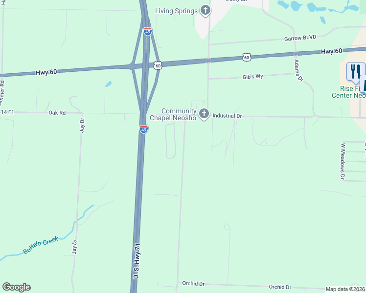 map of restaurants, bars, coffee shops, grocery stores, and more near 12847 Oak Road in Neosho