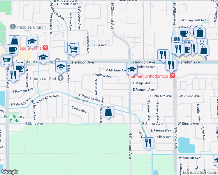 map of restaurants, bars, coffee shops, grocery stores, and more near 2801 East Fremont Avenue in Fresno
