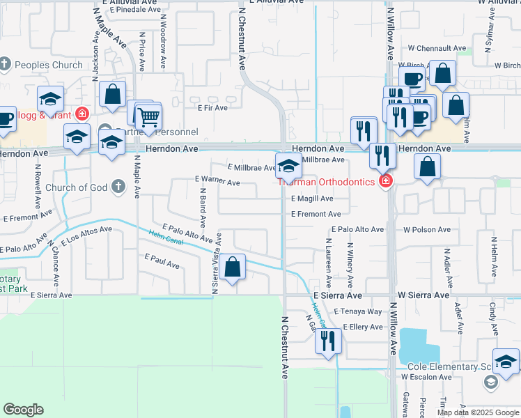 map of restaurants, bars, coffee shops, grocery stores, and more near 2866 East Fremont Avenue in Fresno