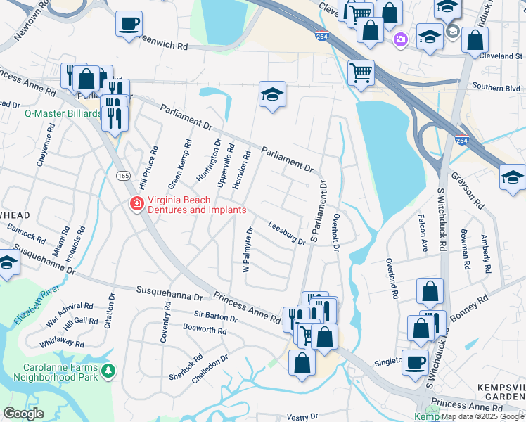 map of restaurants, bars, coffee shops, grocery stores, and more near 5381 Palmyra Court in Virginia Beach