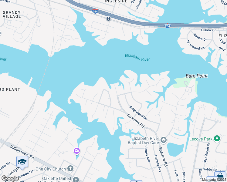 map of restaurants, bars, coffee shops, grocery stores, and more near 112 Rollingswood Road in Chesapeake