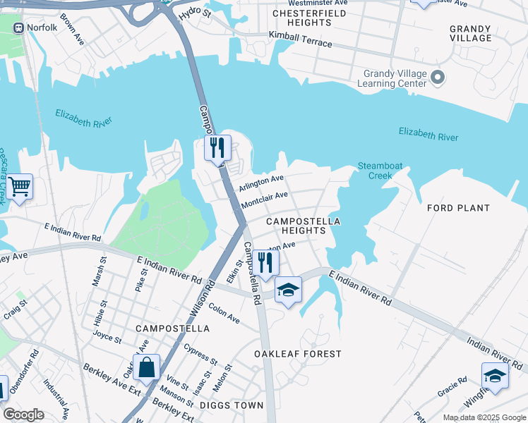 map of restaurants, bars, coffee shops, grocery stores, and more near 1715 Springfield Avenue in Norfolk