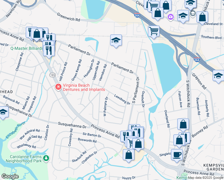 map of restaurants, bars, coffee shops, grocery stores, and more near 5381 Palmyra Court in Virginia Beach