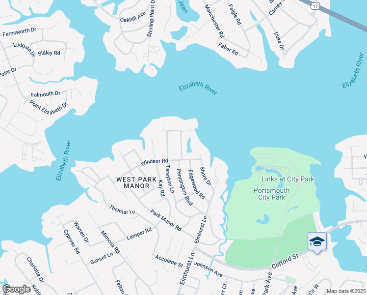 map of restaurants, bars, coffee shops, grocery stores, and more near 410 Pennington Boulevard in Portsmouth