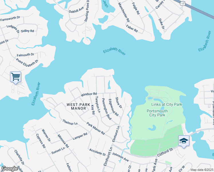 map of restaurants, bars, coffee shops, grocery stores, and more near 410 Pennington Boulevard in Portsmouth
