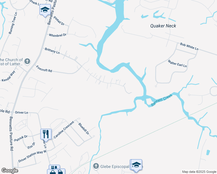 map of restaurants, bars, coffee shops, grocery stores, and more near 144 Brittany Lane in Suffolk