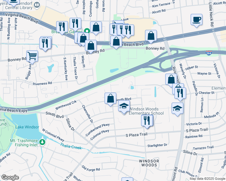 map of restaurants, bars, coffee shops, grocery stores, and more near 116 Palace Green Boulevard in Virginia Beach