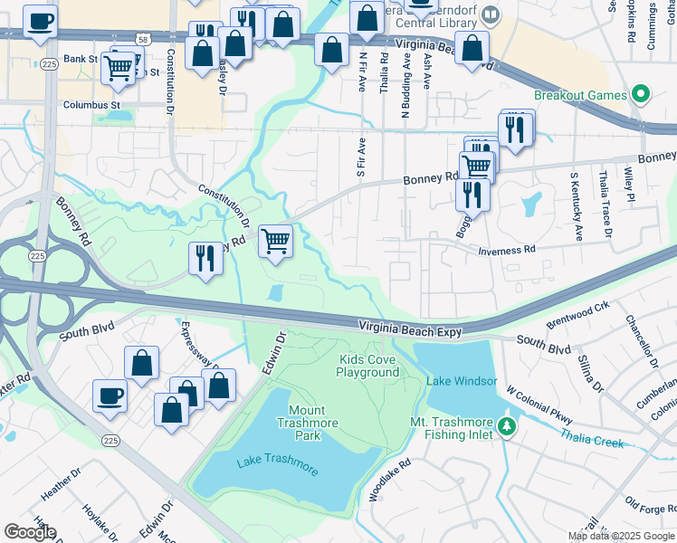 map of restaurants, bars, coffee shops, grocery stores, and more near 212 South Fir Avenue in Virginia Beach