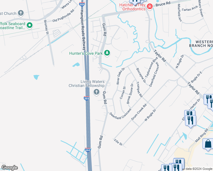 map of restaurants, bars, coffee shops, grocery stores, and more near 2733 Gum Road in Chesapeake